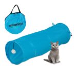 Tunel pliabil pentru pisici, cu jucarie interactiva, geanta transport, albastru, 90 x 25 cm