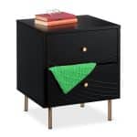 Noptiera cu 2 sertare, design modern, negru, picioare din otel, 52 x 45 x 40 cm