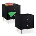 Set 2 noptiere cu 2 sertare, design modern, negru, picioare din otel, 52 x 45 x 40 cm