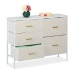 Comoda cu 5 sertare, alb/bej, blat MDF, cadru otel, 76 x 100 x 31 cm