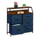 Comoda cu 5 rafturi albastre, design vintage, raft deschis, MDF/otel,