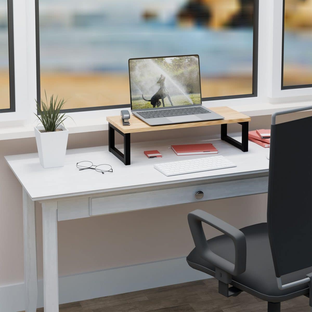 Suport laptop sau PC, MDF, structura metalica, bej, 15 x 55 x 23 cm, Relaxdays - imagine 2