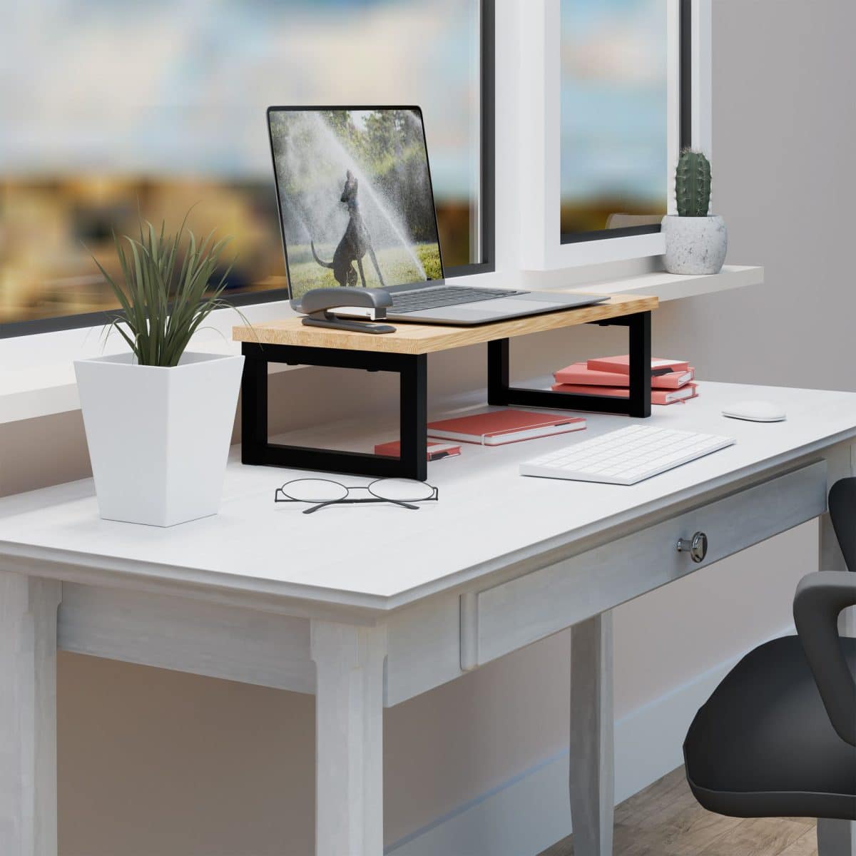 Suport laptop sau PC, MDF, structura metalica, bej, 15 x 55 x 23 cm, Relaxdays - imagine 3