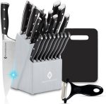 Set de cutite pentru bucatarie, 20 piese, cu suport, suport si ascutitor incorporat, decojitor fruncte/legume, tocator, negru/gri
