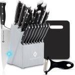 Set de cutite pentru bucatarie, 20 piese, cu suport, suport si ascutitor incorporat, decojitor fruncte/legume, tocator, negru/gri