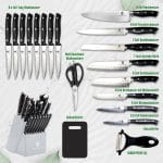 Set de cutite pentru bucatarie, 20 piese, cu suport, suport si ascutitor incorporat, decojitor fruncte/legume, tocator, negru/gri - imagine 2