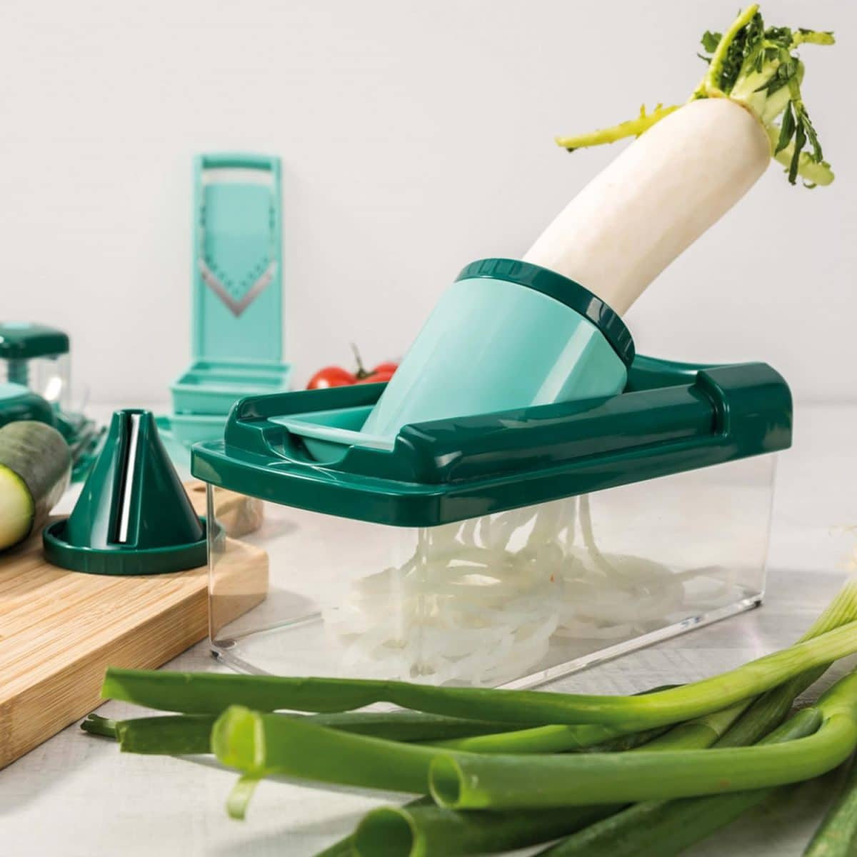 Tocator de legume manual, 16 piese, lame inox, caserola, verde, plastic, Kraftpunkt® - imagine 5