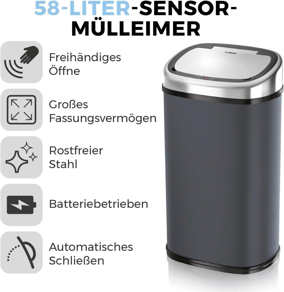 Cos de gunoi cu senzor, 58 L, Kraftpunkt®, otel inoxidabil, gri/argintiu - imagine 7