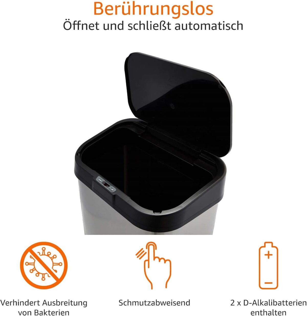 Cos de gunoi cu senzor, 60 L, Kraftpunkt® , otel inoxidabil, argintiu/negru - imagine 3