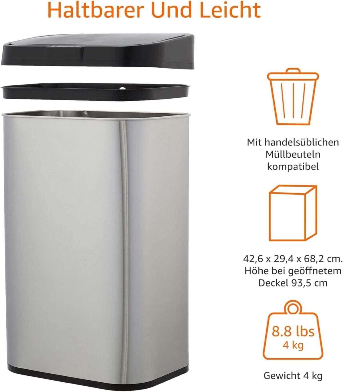 Cos de gunoi cu senzor, 60 L, Kraftpunkt® , otel inoxidabil, argintiu/negru - imagine 4