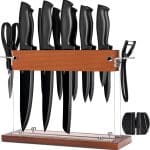 Set de cutite pentru bucatarie, 15 piese, cu suport din lemn/sticla, negru/maro