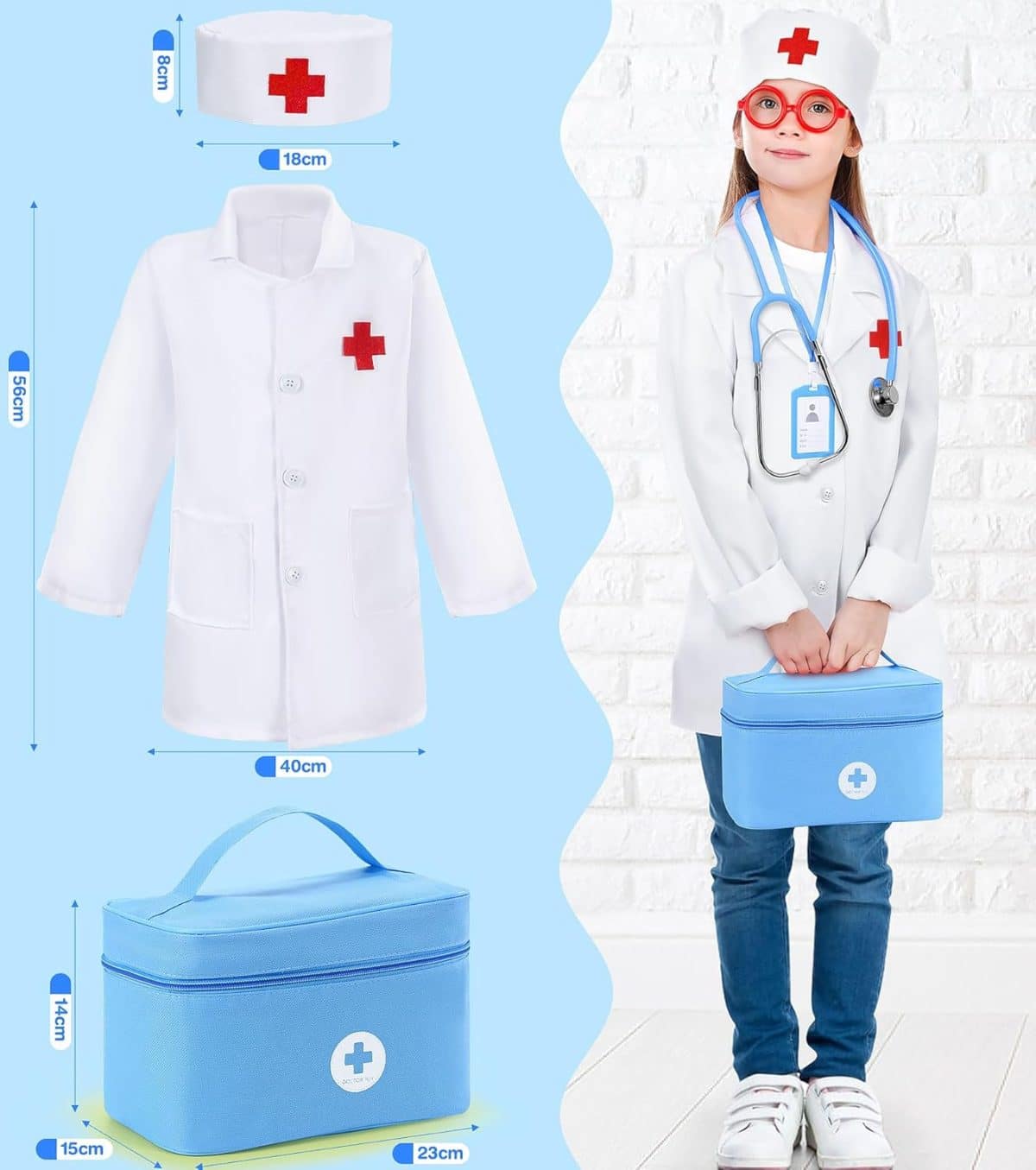 Trusa medicala pentru copii, doctor, dentist, halat si boneta, albastru - imagine 3