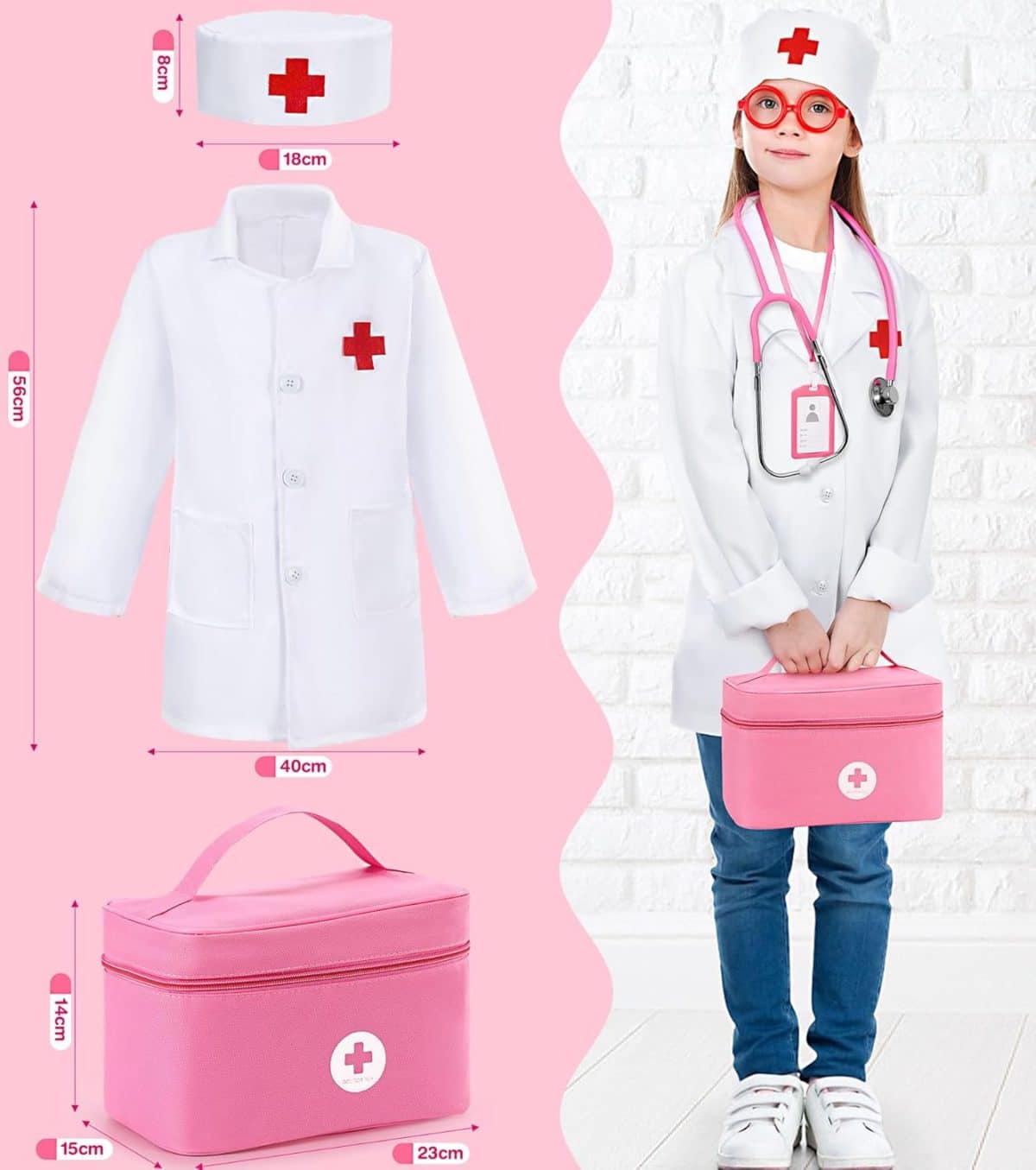 Trusa medicala pentru copii, doctor, dentist, halat si boneta, roz - imagine 3