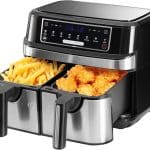 Friteuza dubla cu aer cald, 9L, panou tactil LED, 8 programe, 2600W, doua cosuri detasabile, 50-200 grade, timer 60 min, negru