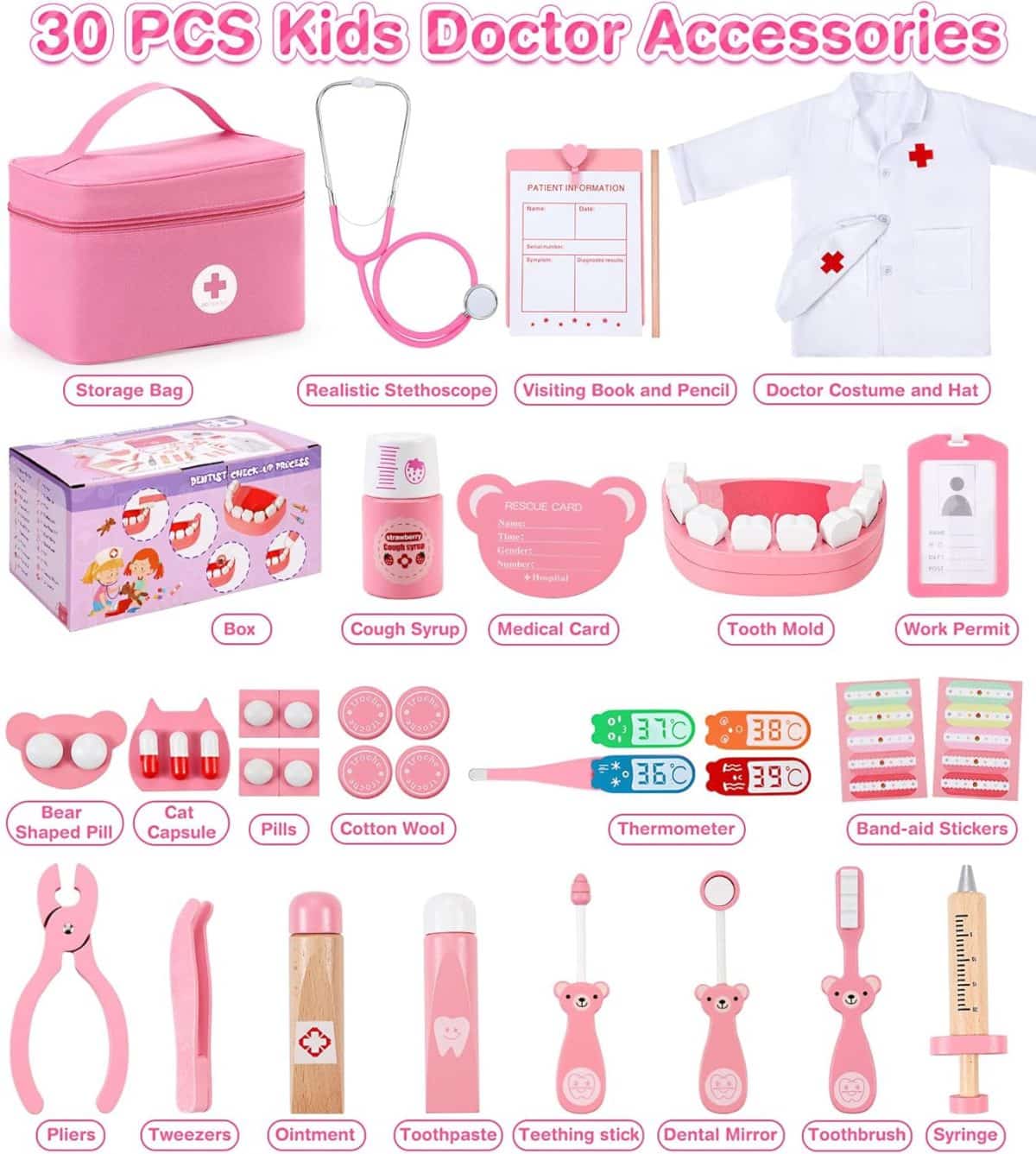 Trusa medicala pentru copii, doctor, dentist, halat si boneta, roz - imagine 4