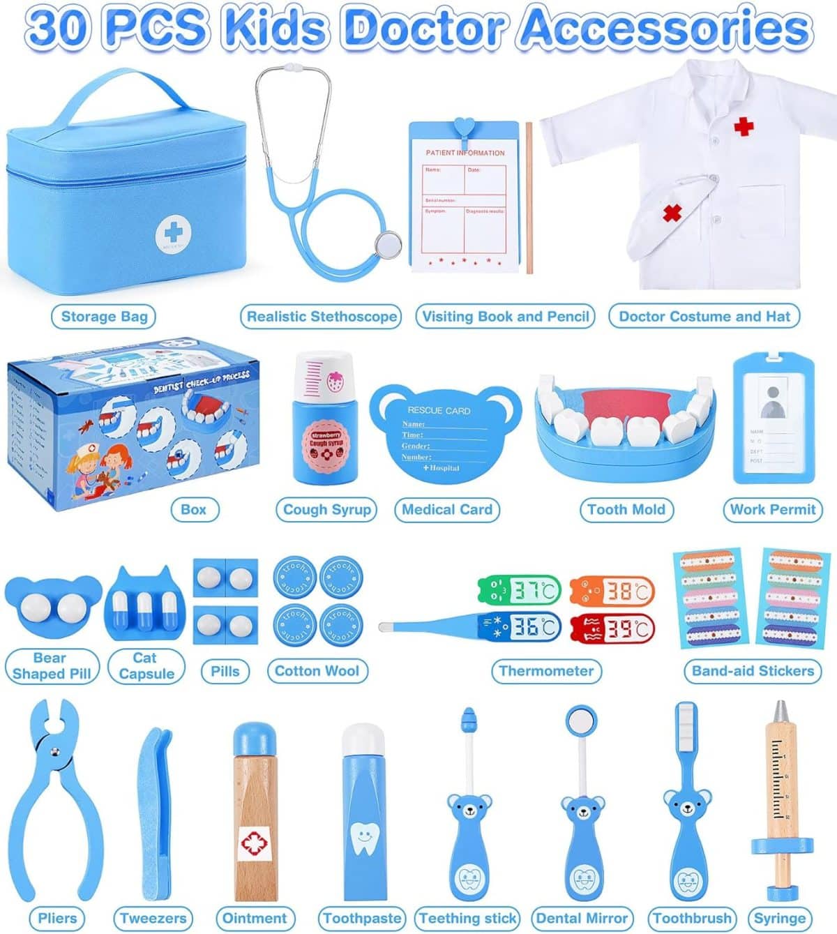 Trusa medicala pentru copii, doctor, dentist, halat si boneta, albastru - imagine 4
