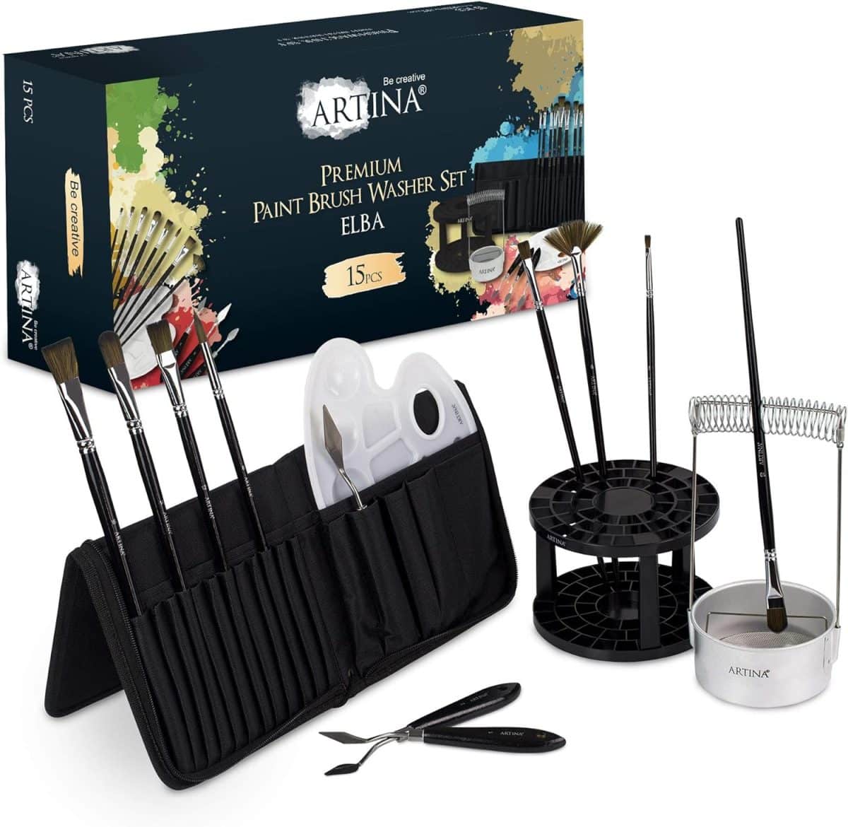 Set accesorii pentru pictura, 8 pensule, 3 spatule, paleta de amestecare, suport pensule - imagine 4