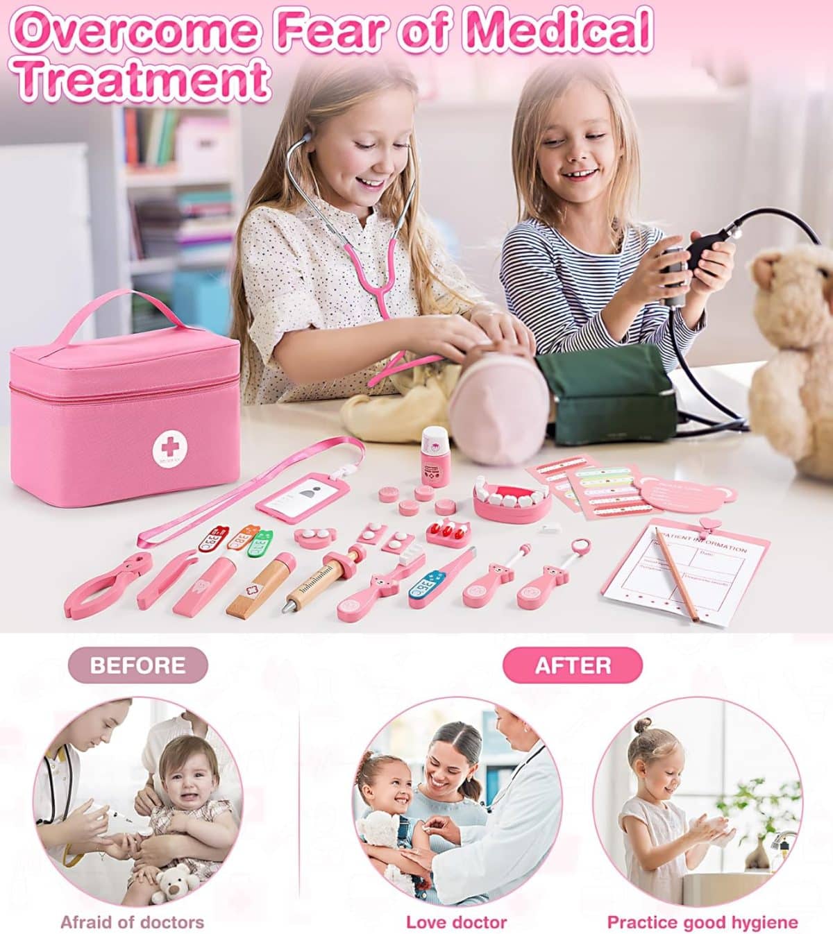 Trusa medicala pentru copii, doctor, dentist, halat si boneta, roz - imagine 8