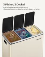 Cos de gunoi 3 in 1, Songmics, 3 x 18 L, cu pedale, otel inoxidabil, crem - imagine 6