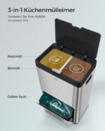 Cos de gunoi 3 in 1, 60L, reciclare selectiva, deschidere prin buton si pedala, absortie mirosuri, otel inoxidabil - imagine 3