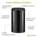 Cos de gunoi cu senzor automat, 60L, deschidere/inchidere silentioasa, otel, negru - imagine 7