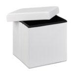 Taburet cu spatiu de depozitare, pliabil, piele ecologica, alb, 38 x 38 x 38 cm - imagine 3
