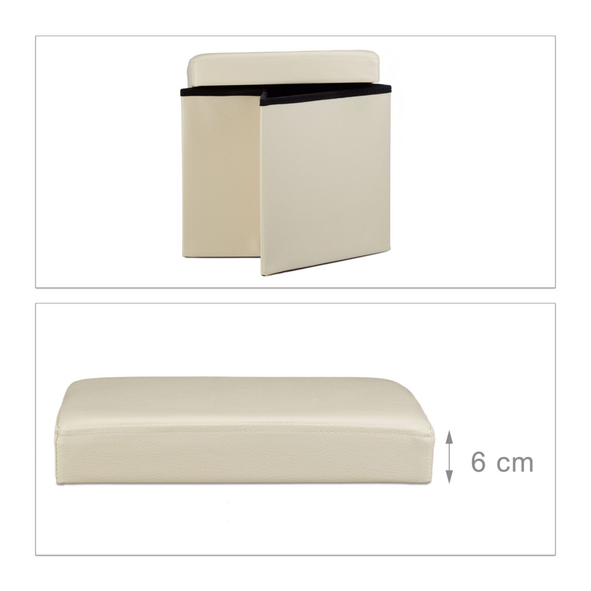 Taburet cu spatiu de depozitare, pliabil, piele ecologica, crem, 38 x 38 x 38 cm - imagine 4