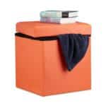 Taburet cu spatiu de depozitare, pliabil, piele ecologica, portocaliu, 38 x 38 x 38 cm