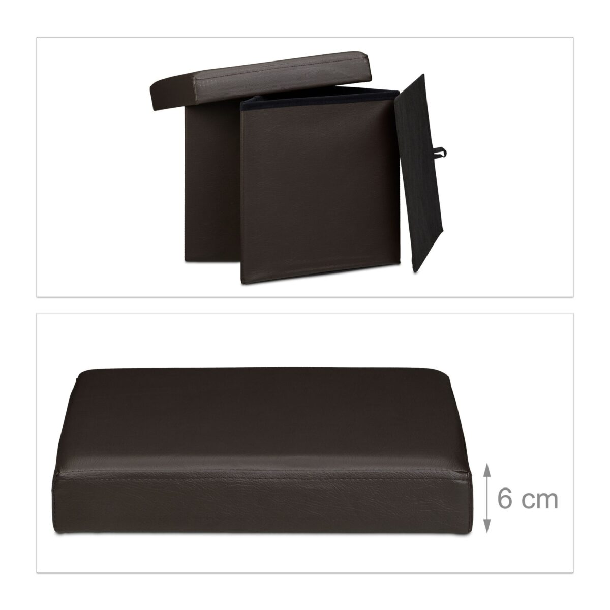 Taburet cu spatiu de depozitare, pliabil, piele ecologica, maro, 38 x 38 x 38 cm - imagine 3