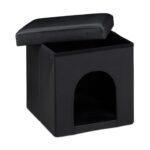 Taburet multifunctional, culcus animale de companie, piele ecologica, negru, 38 x 38 x 38 cm