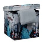 Taburet "New York" cu spatiu de depozitare, pliabil, piele ecologica, 38 x 38 x 38 cm