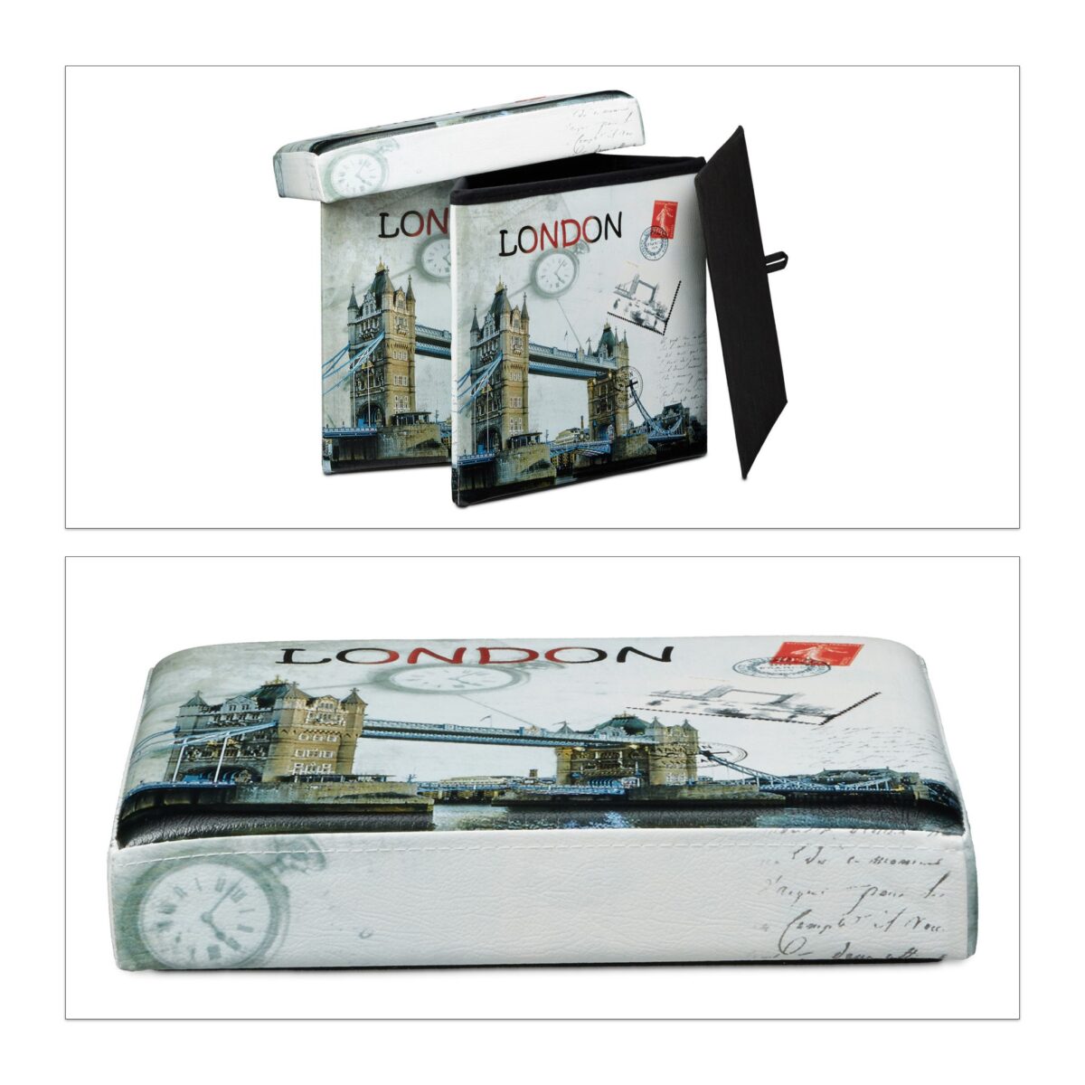Taburet "London" cu spatiu de depozitare, pliabil, piele ecologica, 38 x 38 x 38 cm - imagine 8