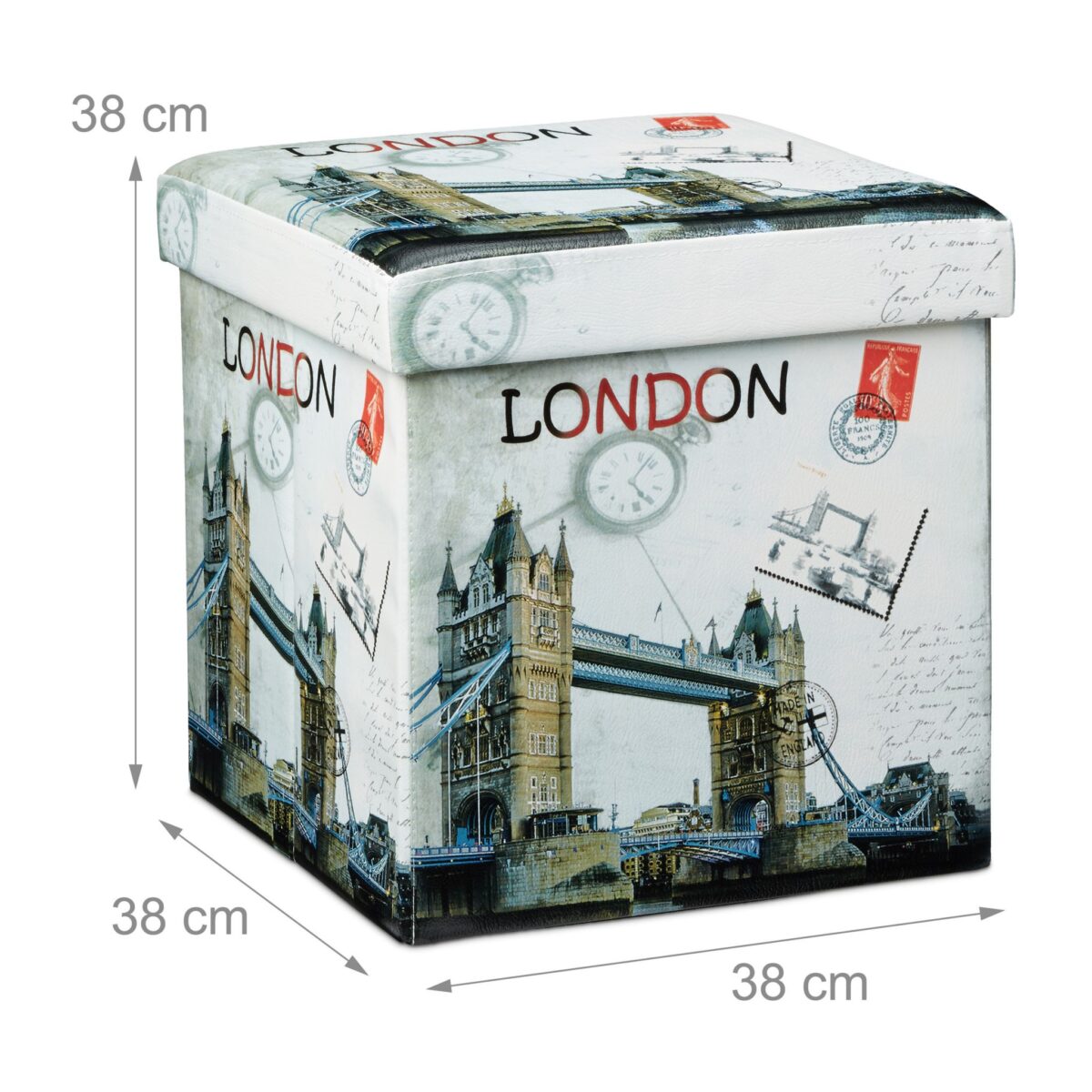 Taburet "London" cu spatiu de depozitare, pliabil, piele ecologica, 38 x 38 x 38 cm - imagine 3