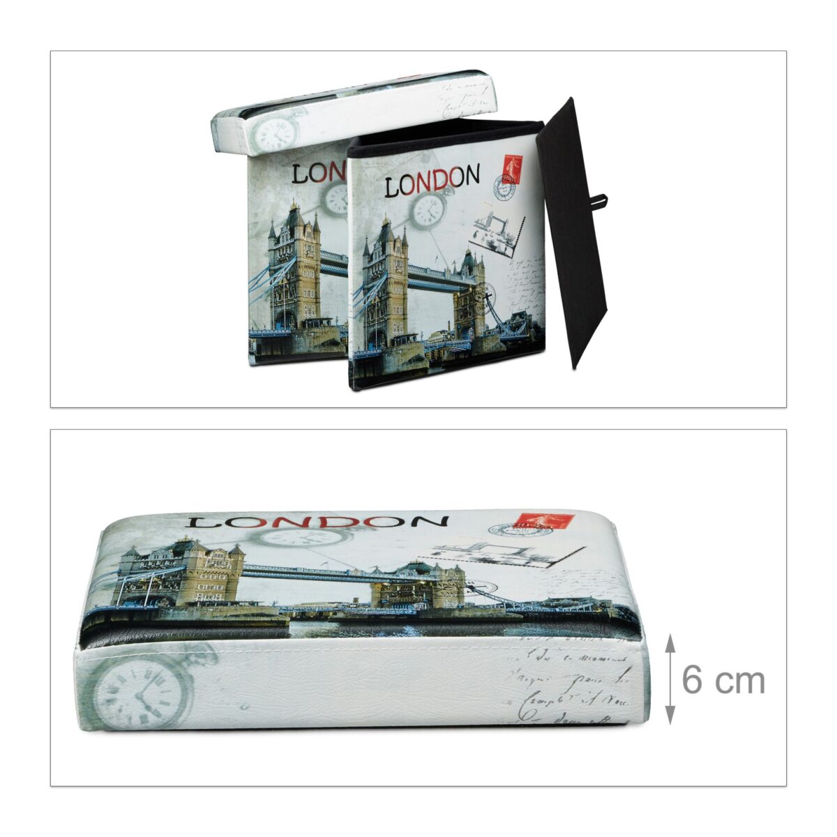 Taburet "London" cu spatiu de depozitare, pliabil, piele ecologica, 38 x 38 x 38 cm - imagine 4