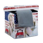 Taburet "Merilyn Monroe" cu spatiu de depozitare, pliabil, piele ecologica, 38 x 38 x 38 cm