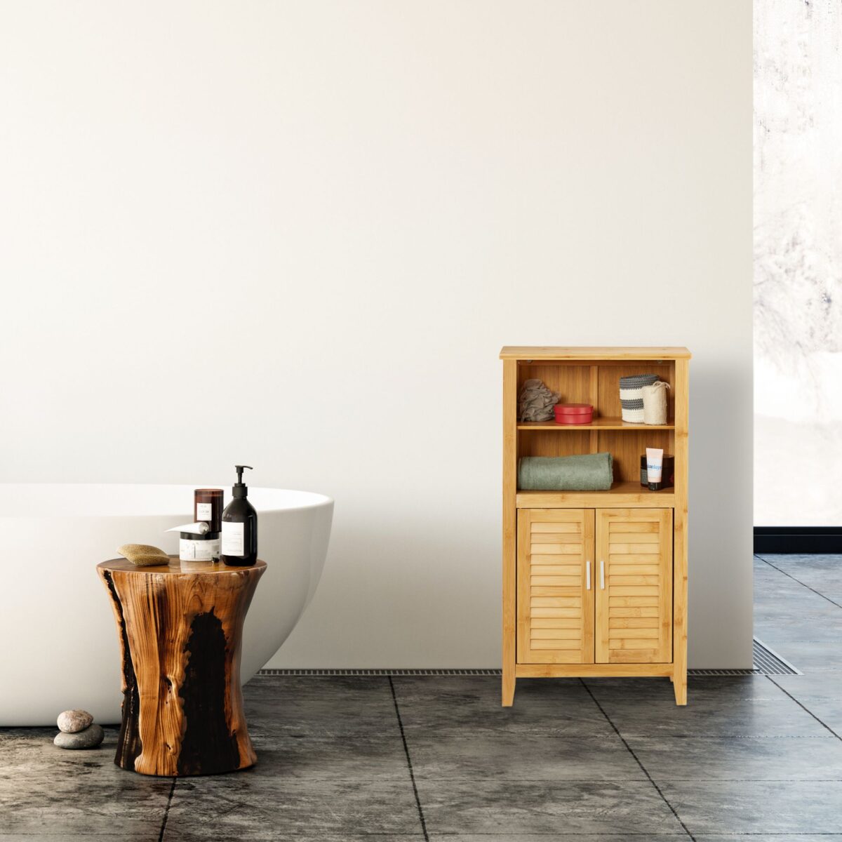 Dulap pentru baie, inchidere magnetica, bambus/MDF, 92 x 50 x 25 cm - imagine 4