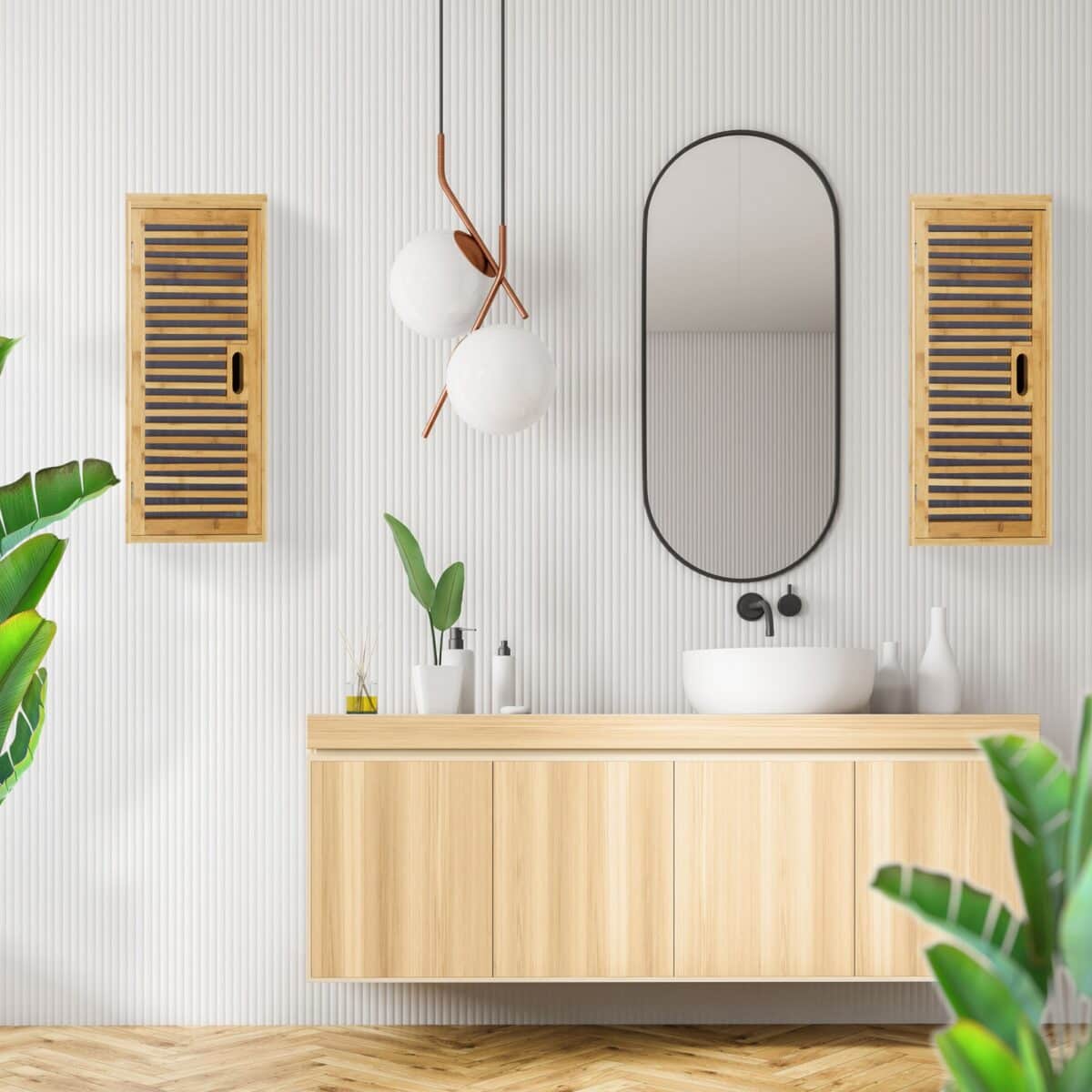 Dulap de baie suspendat, 2 rafturi, bambus, 66 x 35 x 20 cm - imagine 4