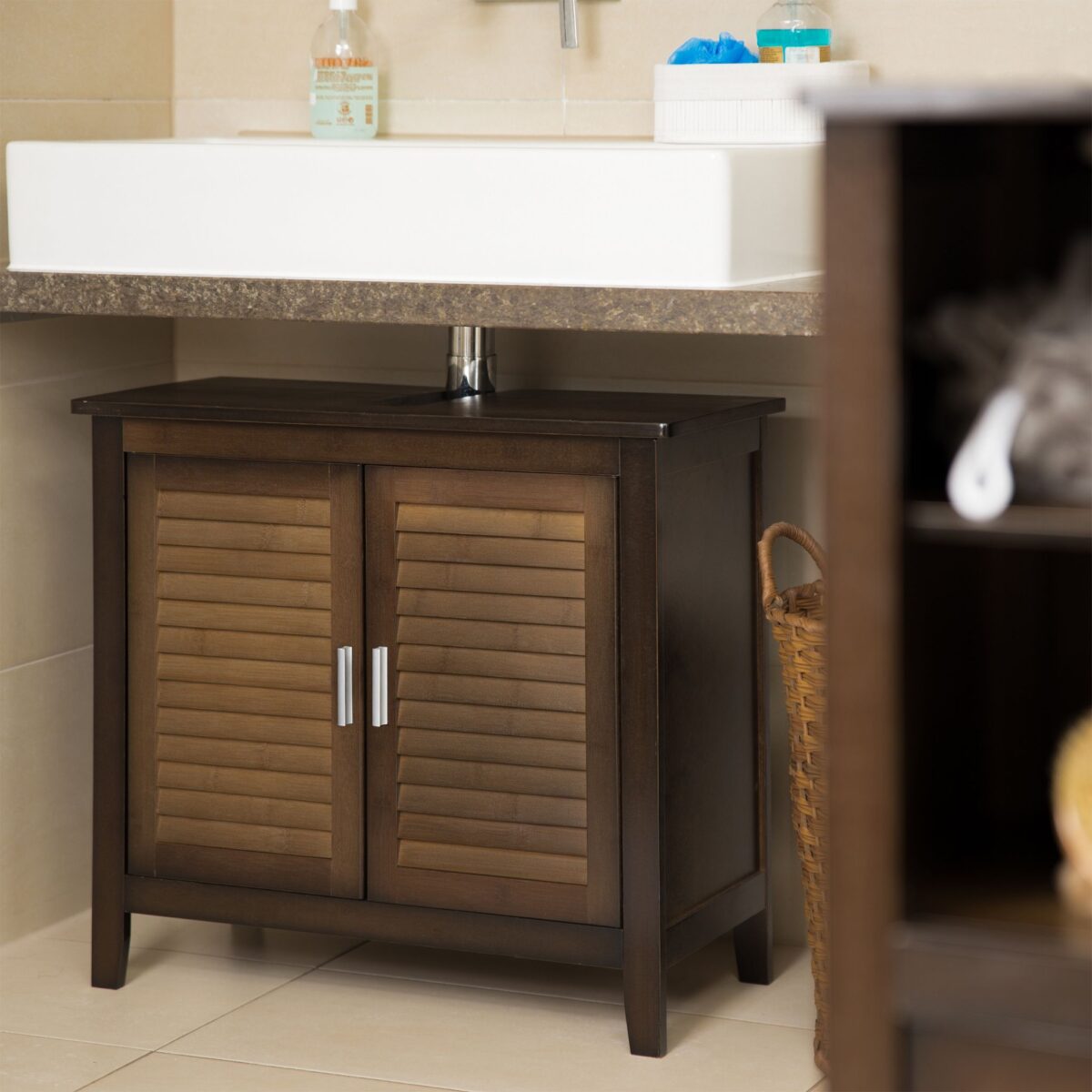Dulap baie, baza lavoar, design vintage, bambus/MDF, 60 x 67 x 30 cm, maro - imagine 3