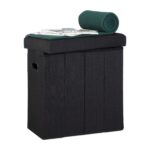 Taburet multifunctional, cu spatiu de depozitare, capacitate 300 kg, pliabil, negru, 49,5 x 46 x 25,5 cm