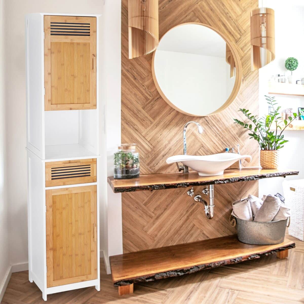 Dulap baie, 5 rafturi, sertar, bambus/MDF, 180 x 39 x 30 cm - imagine 6