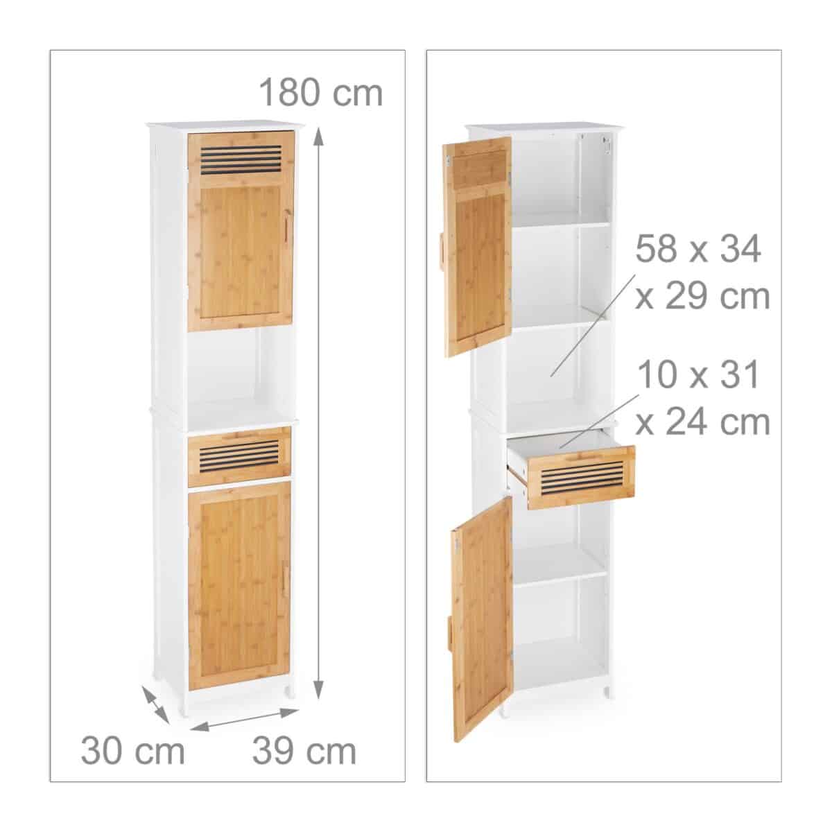 Dulap baie, 5 rafturi, sertar, bambus/MDF, 180 x 39 x 30 cm - imagine 3