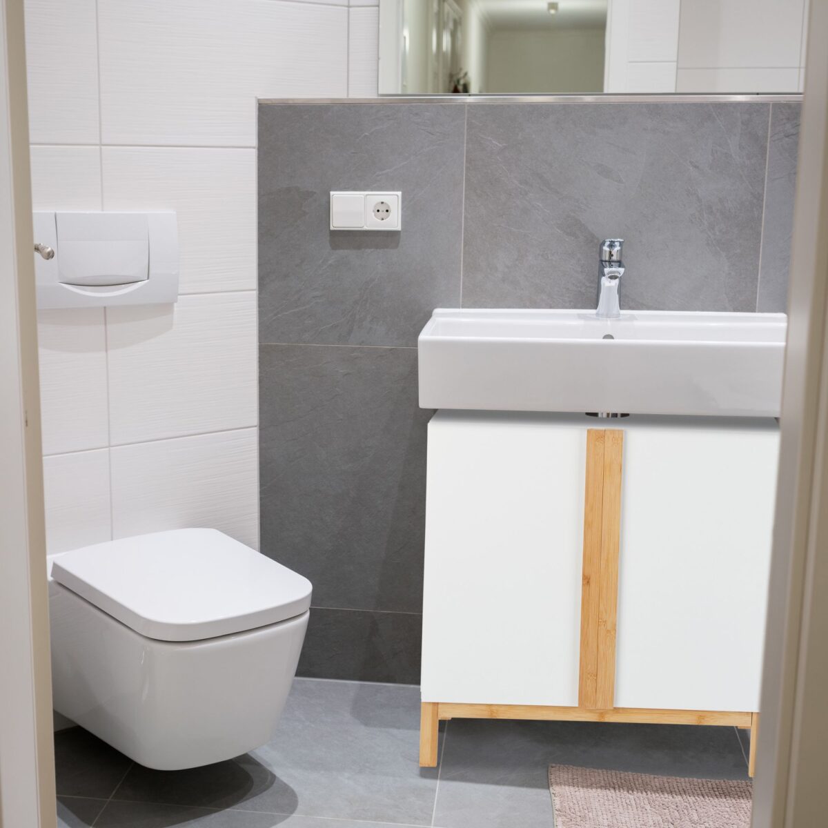 Dulap baie, baza lavoar, bambus/MDF, maro/alb, 60,5 x 60 x 30,5 cm - imagine 3