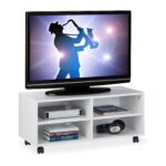Comoda TV, portabila, cu roti, sistem blocare roti, 4 rafturi, alb, 35 x 80 x 35 cm