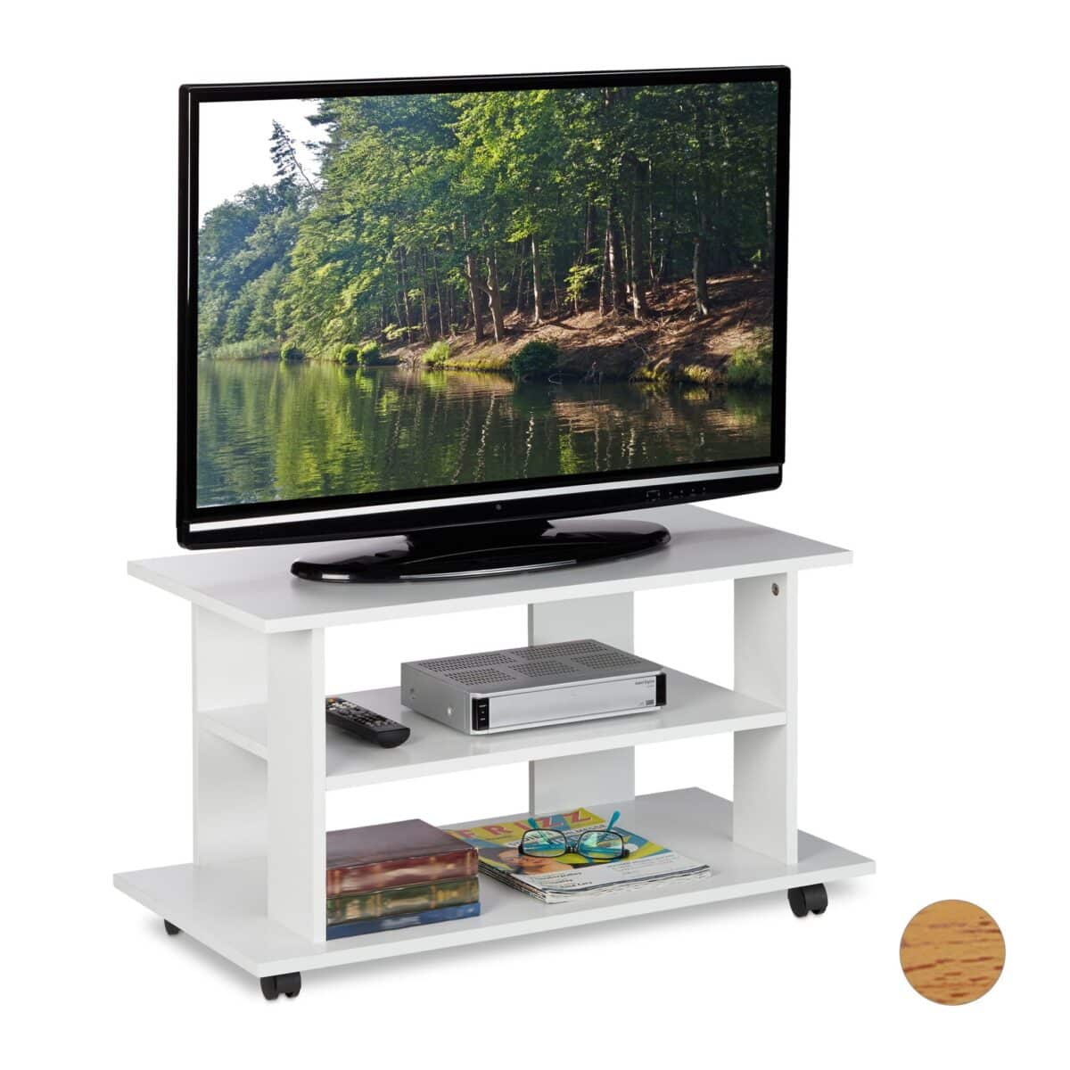 Comoda TV, portabila, cu roti, sistem blocare roti, rafturi, alb, 45 x 80 x 40 cm - imagine 2