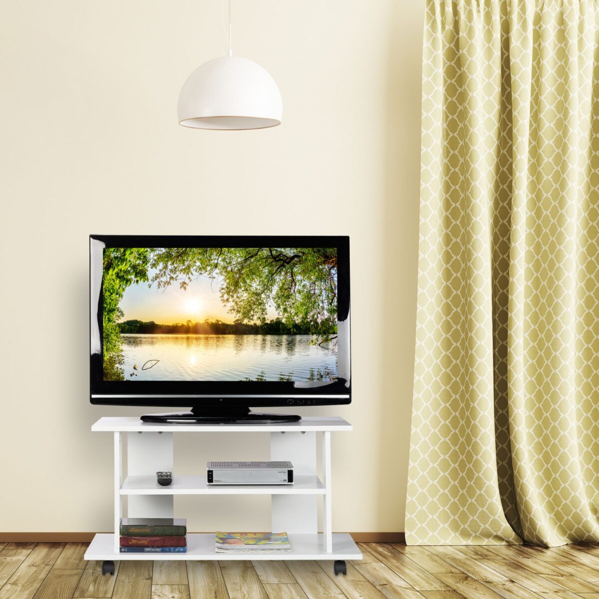 Comoda TV, portabila, cu roti, sistem blocare roti, rafturi, alb, 45 x 80 x 40 cm - imagine 3