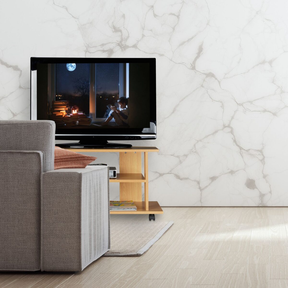 Comoda TV, portabila, cu roti, sistem blocare roti, rafturi, alb, 45 x 80 x 40 cm - imagine 6