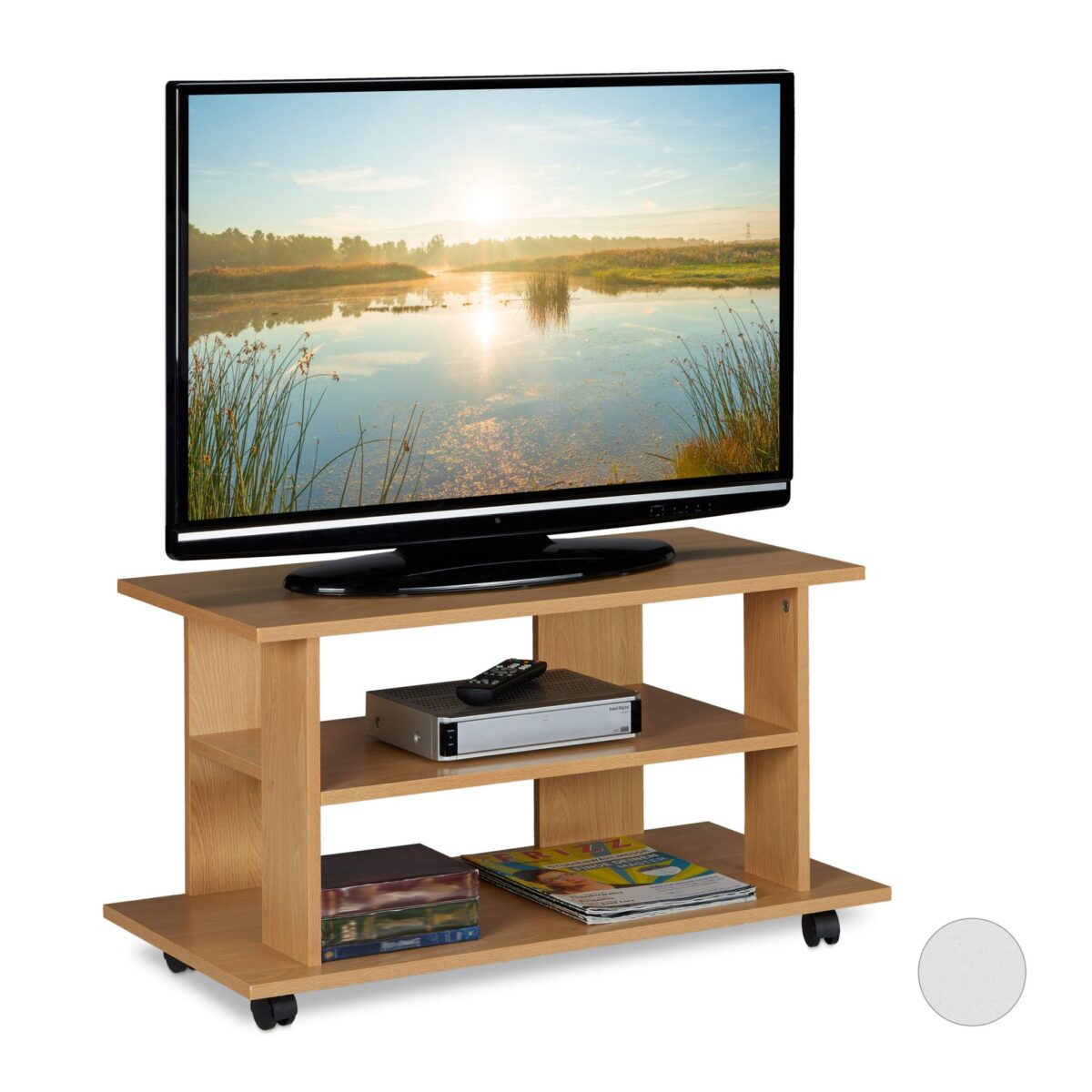 Comoda TV, portabila, cu roti, sistem blocare roti, rafturi, maro, 45 x 80 x 40 cm - imagine 2