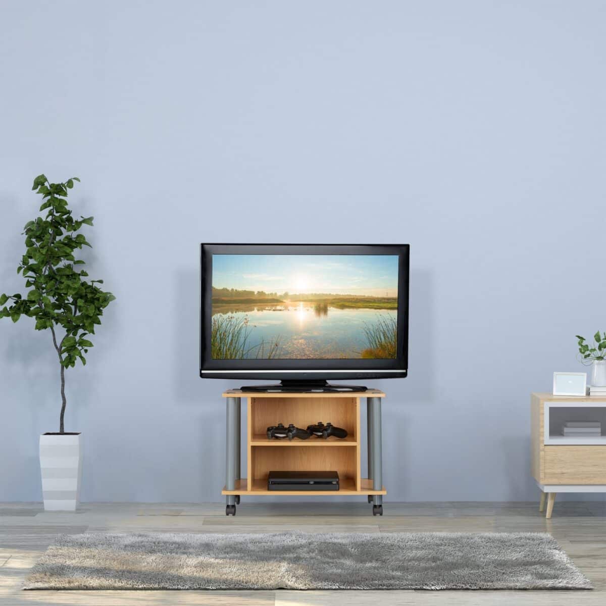 Comoda TV, portabila, cu roti, sistem blocare roti, rafturi, alb, 45 x 60 x 40 cm - imagine 5