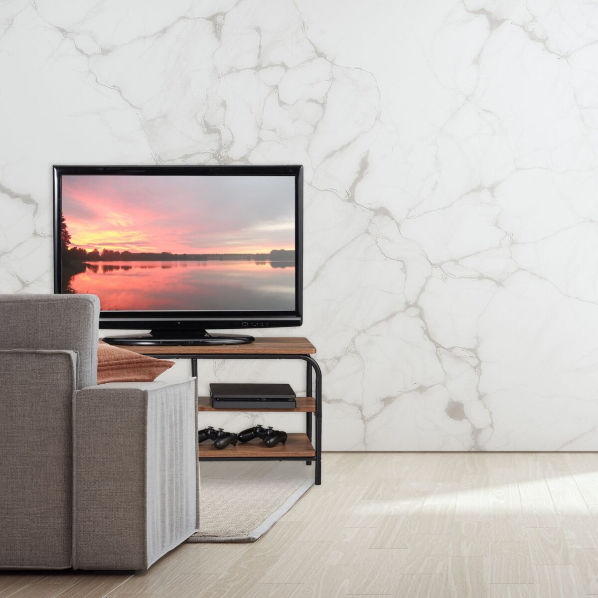 Comoda TV, cu rafturi, cadru metalic, maro, 43 x 90 x 35 cm - imagine 2