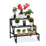 Raft metalic pentru flori, 3 trepte, interior/exterior, 69 x 70 x 60 cm, negru